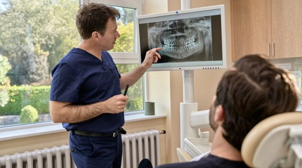 Dentist pointing at a panoramic dental X-ray on screen while explaining bone graft options to a UK patient in a Turkey clinic