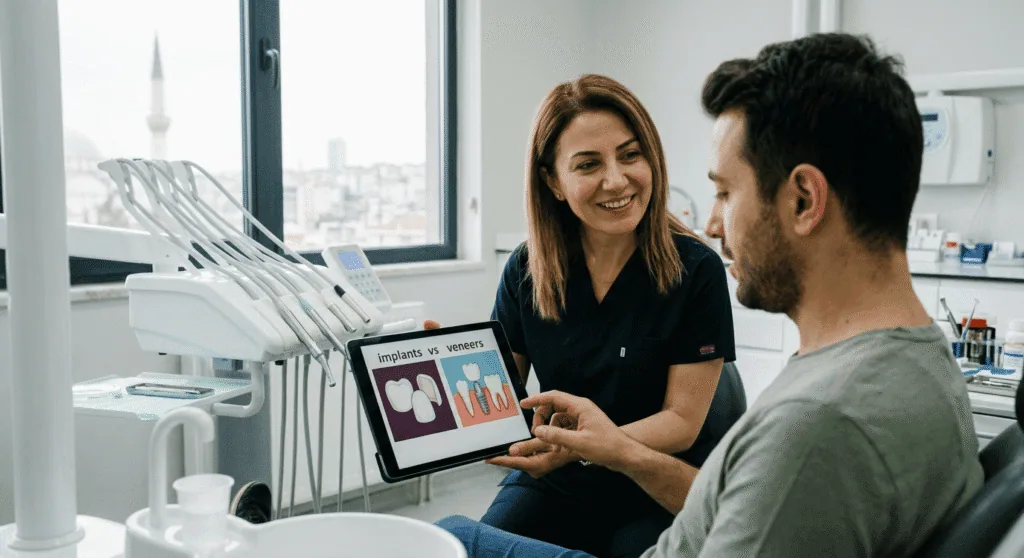 UK patient consulting their dentist for aftercare following dental treatment in Turkey