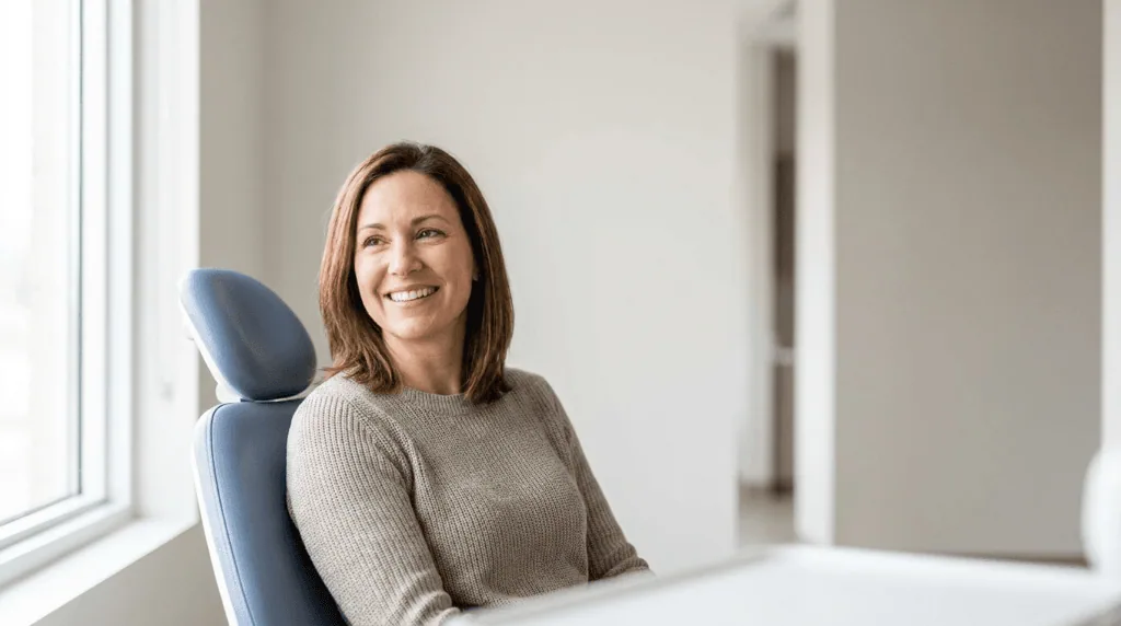 Smiling UK dental patient relaxed in a modern Antalya clinic after crown treatment