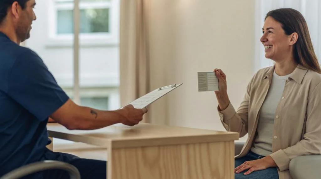 Dentist handing a treatment folder and implant certificate card to a UK patient in a Turkey dental clinic