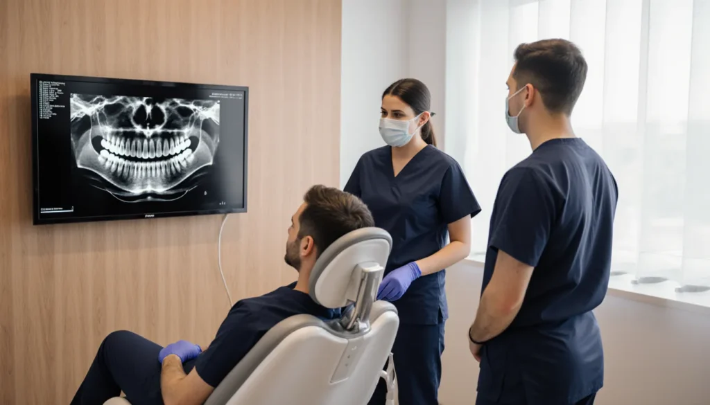 Two Antalya dentists in navy scrubs reviewing a 3 on 6 dental implants CBCT scan with a UK patient in the treatment chair