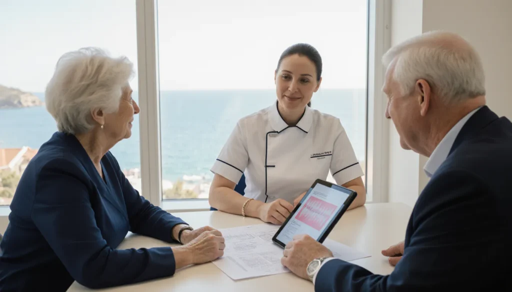 UK couple reviewing a dental implants Turkey cost treatment plan with an Antalya clinic coordinator