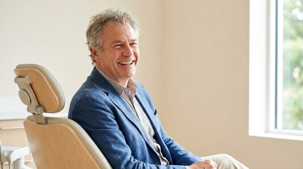 Smiling mature UK patient in a modern dental clinic after dental bridge treatment in Turkey
