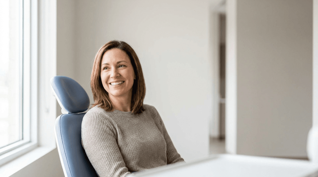 Smiling UK dental patient relaxed in a modern Antalya clinic after crown treatment