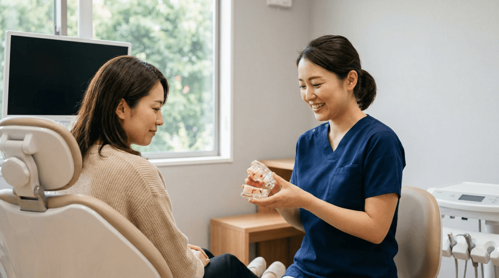 Dentist showing a dental model of teeth and gums to a UK patient in a Turkey clinic