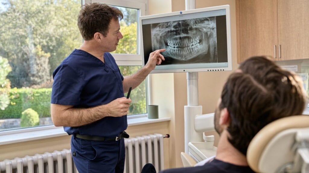 Dentist pointing at a panoramic dental X-ray on screen while explaining bone graft options to a UK patient in a Turkey clinic