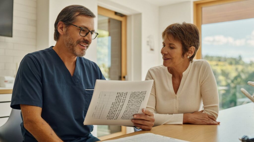 Dentist reviewing a medical history form with a UK patient before dental implant treatment in Turkey