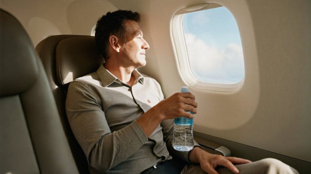 Relaxed UK dental patient resting in an aircraft window seat with a bottle of water on the flight home from Turkey